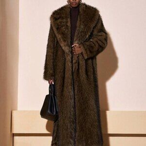 Brown Preppy Women's Fluffy Ombre Long Elegant Faux Fur Parka Coat